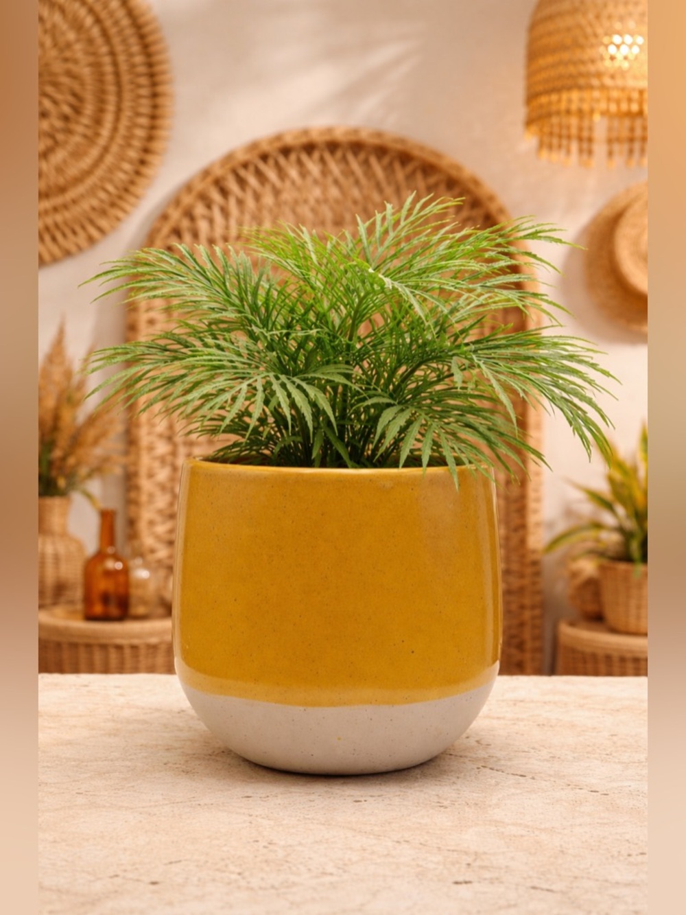 7-inch Mustard Yellow Ceramic Planter - Two-Tone Dipped Flower Pot
